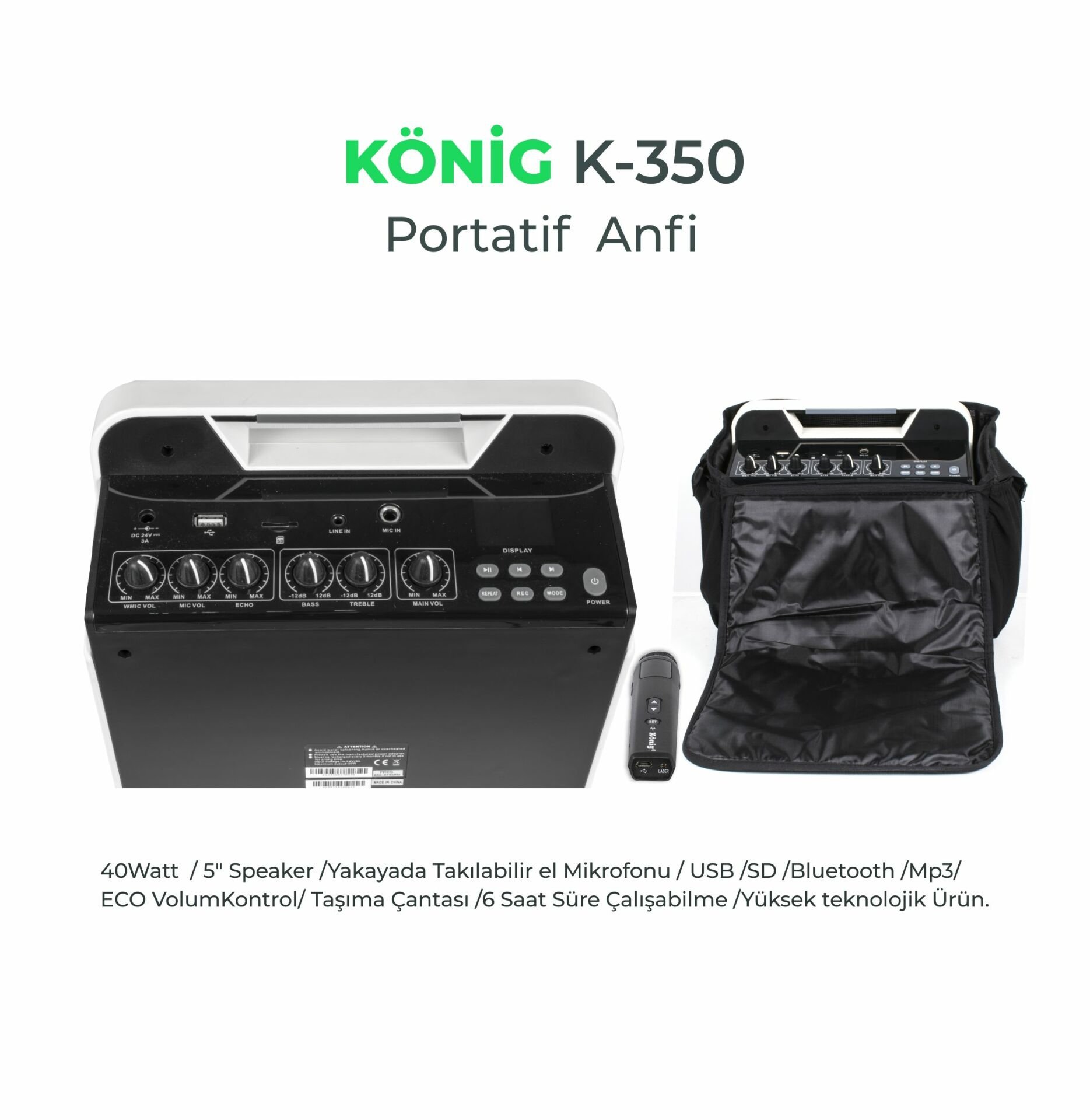 König K-350 Şarjlı El Mikrofonlu Taşınabilir Portatif Anfi