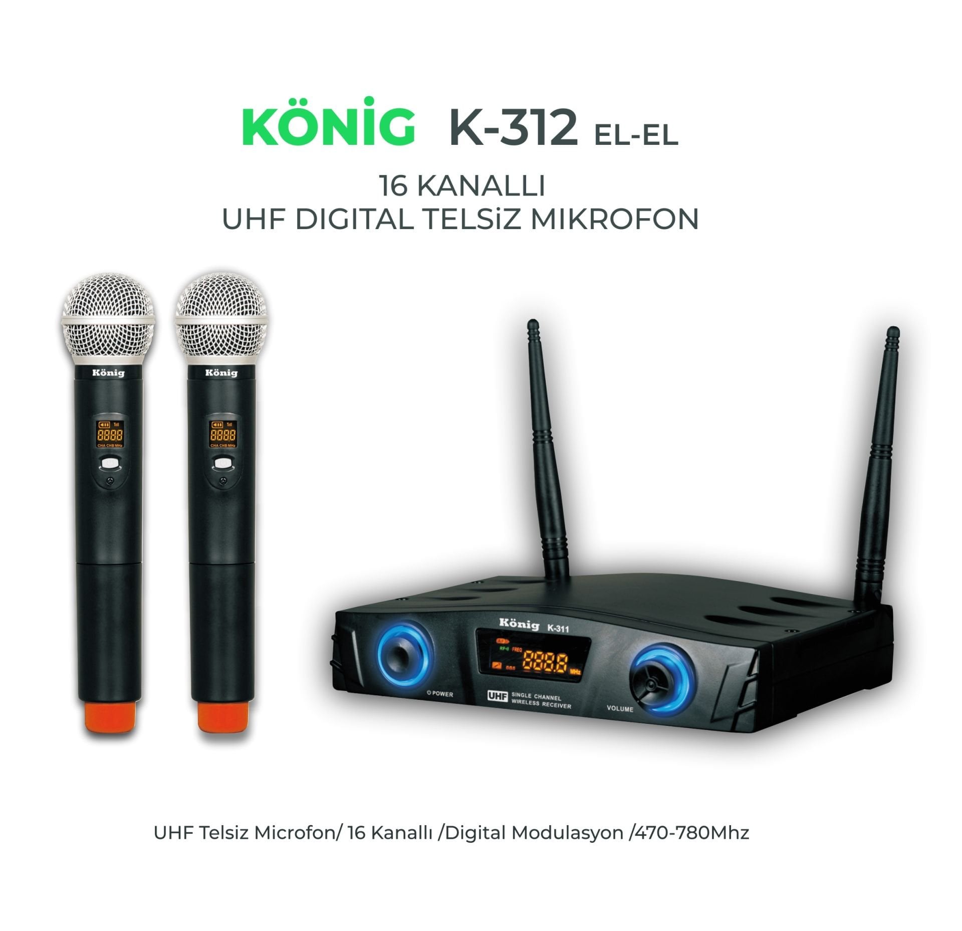 KÖNİG K-312 EE İKİ EL TELSİZ MİKROFONU