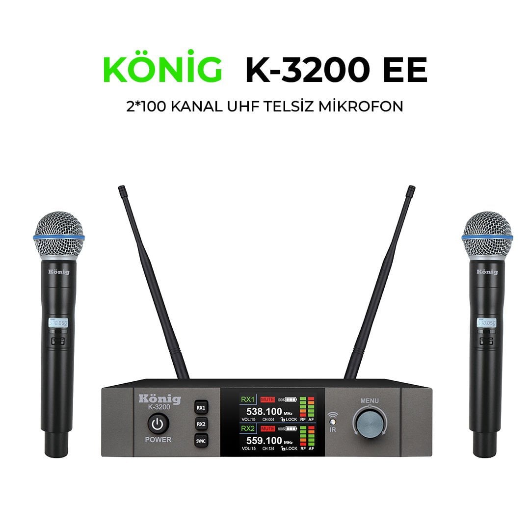 KÖNİG K–3200 EE ÇİFT KANAL UHF TELSİZ MİKROFON 2*99 DEĞİŞEBİLİR FREKANS