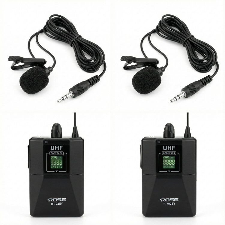 Rose R-702-YY UHF Kablosuz Telsiz Çift Yaka Mikrofon 2x48 Kanal